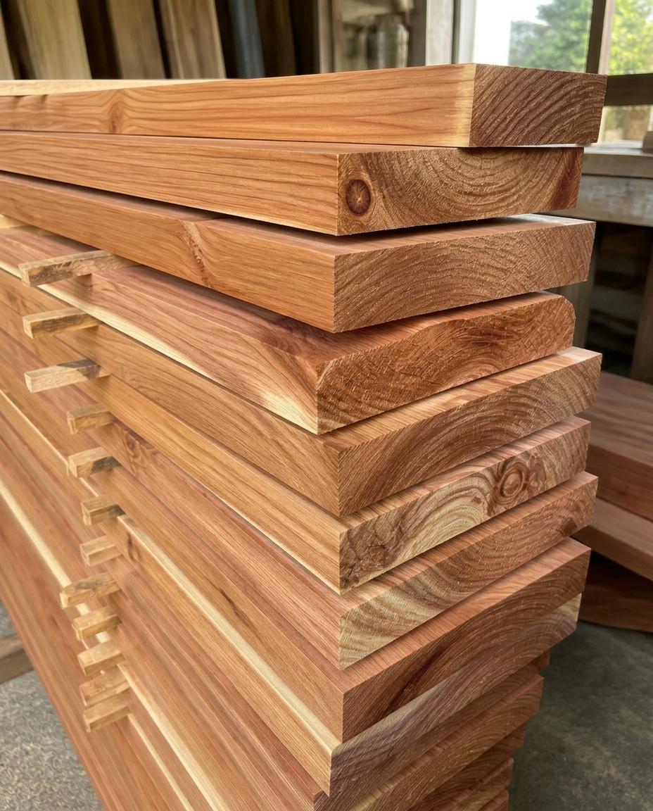 Stack of raw Western Red Cedar lumber boards in the Abbotsford workshop