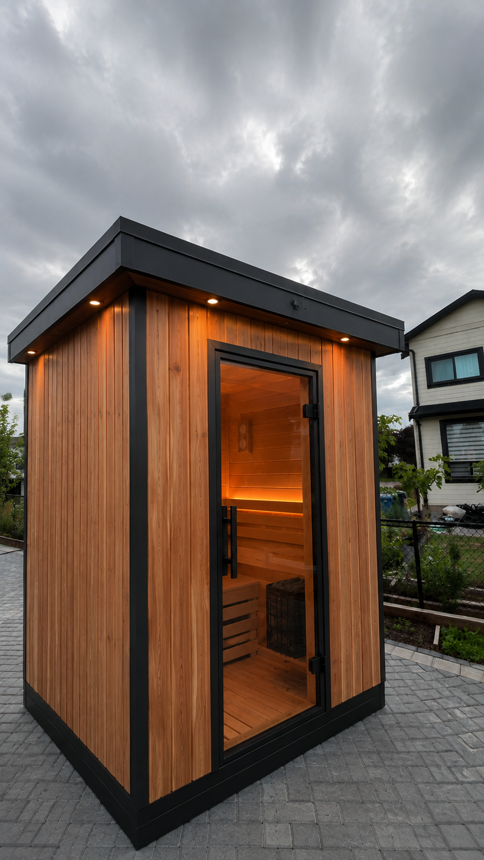 Vertical Western Red Cedar sauna with black trim and warm interior lighting at dusk