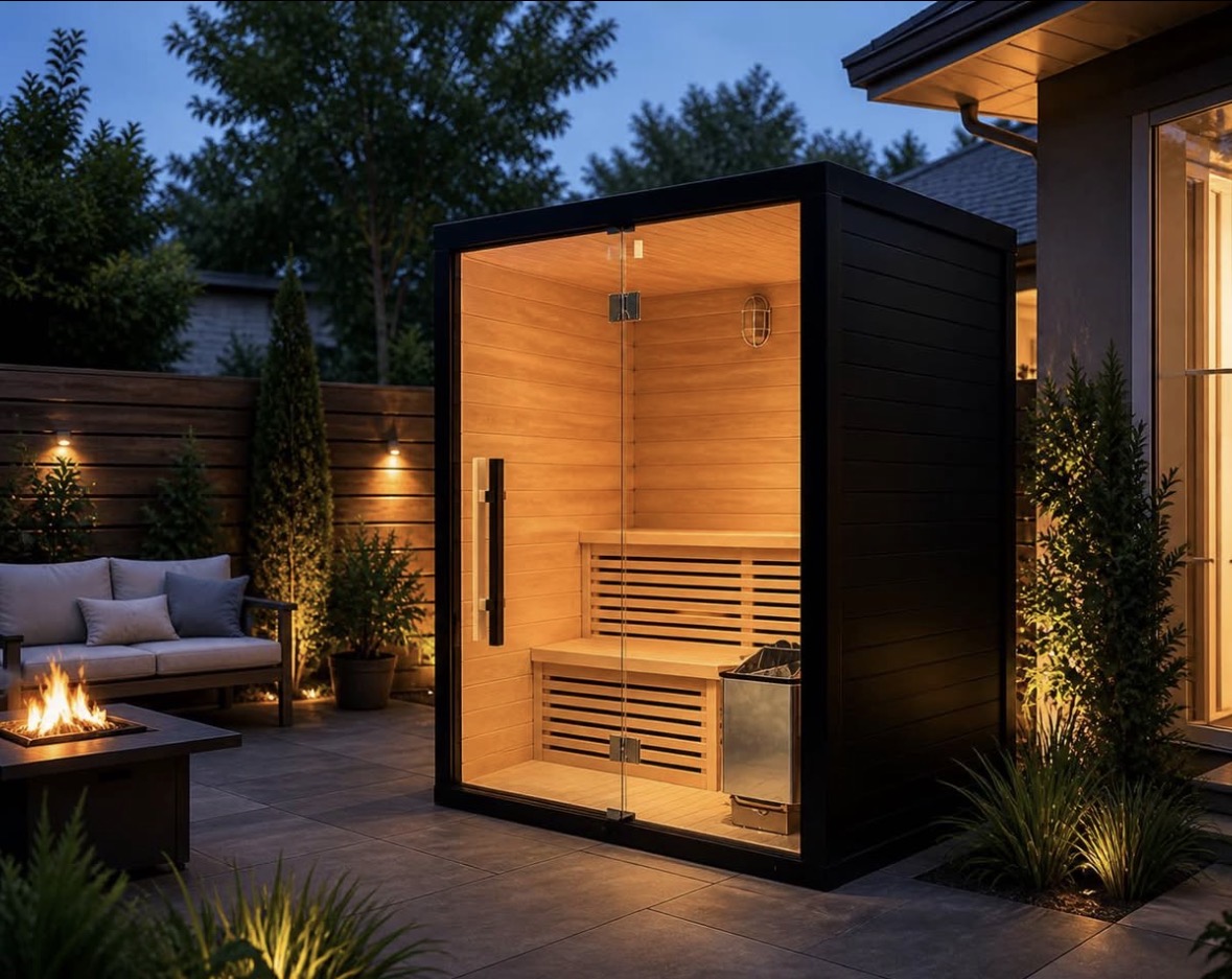Modern cedar-lined outdoor sauna with a full glass door, lit warmly on a patio at night